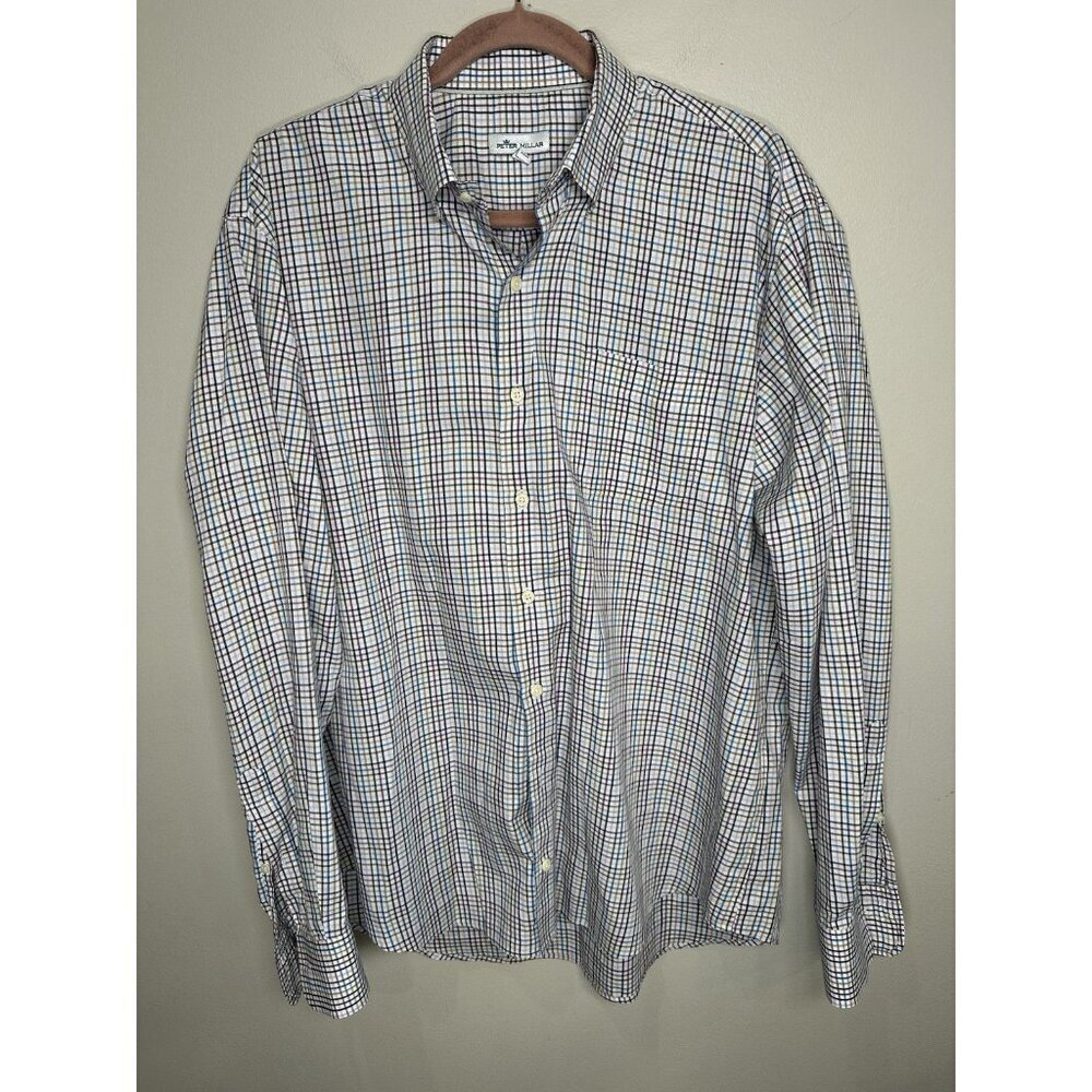 Peter Millar Plaid Button Down Down Shirt Mens Size XL Blue Brown Career